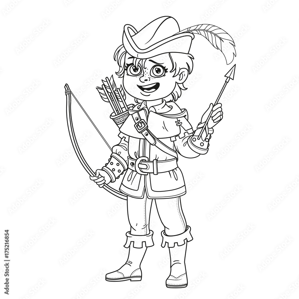 Cute boy in Robin Hood costume outlined for coloring page