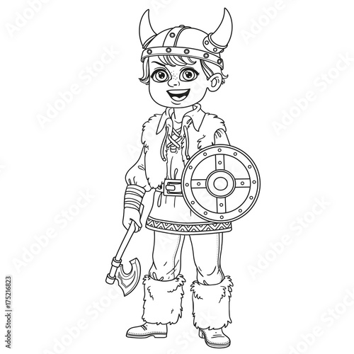 Cute boy in viking costume outlined for coloring page