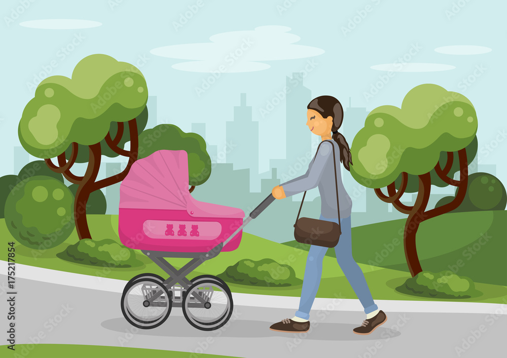 Mother with pink baby carriage outdoors. Mom walking with pram in the city park. Vector illustration.