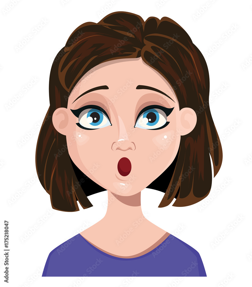 Woman surprised. Female emotion, face expression. Cute cartoon character. Woman surprised. Female emotion, face expression. Cute cartoon character.