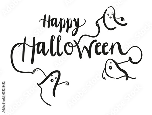 Happy Halloween - Süßes oder Saures, Kalligrafischer Schriftzug mit Gespenstern, Grusel, Feiertag