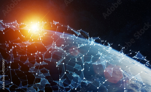 Schilderij op canvas Global network and datas exchanges over the planet Earth 3D rendering