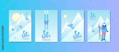 Ski Resort Poster Set. Man skiing down the mountain slope. Sports equipment and ski lift.