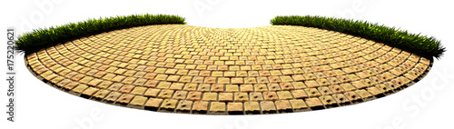 Semicircular pavement of yellow stone with grass at the edges. 3D rendering on a white background isolated