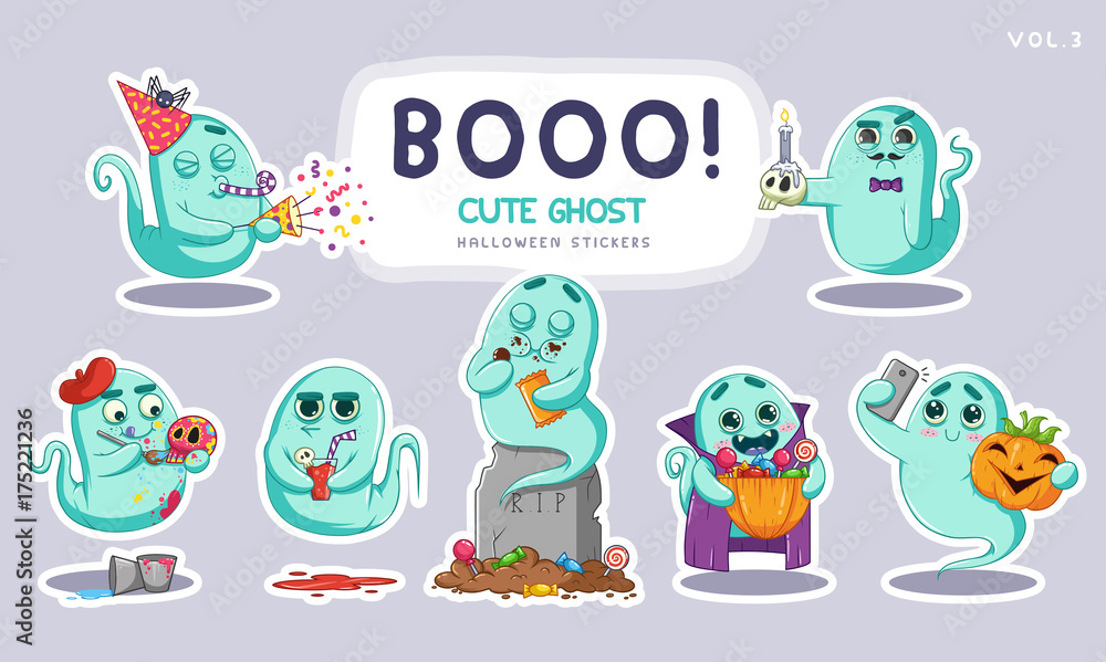 Sticker set of cute cartoon ghosts with different facial expressions Sticker set of cute cartoon ghosts with different facial expressions