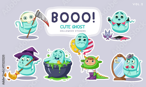 Sticker set of cute cartoon ghosts with different facial expressions