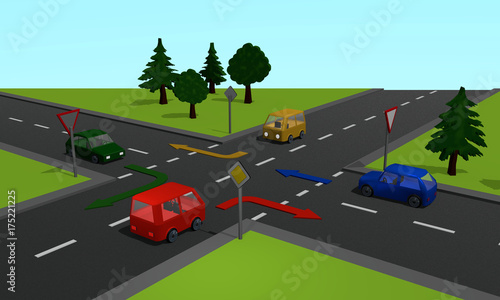 Straßenkreuzung mit den Schildern Vorfahrtsstraße und Vorfahrt gewähren sowie Richtungspfeilen