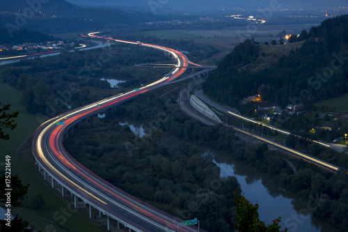 light paths on night highway near Povazska Bystrica, Slovakia