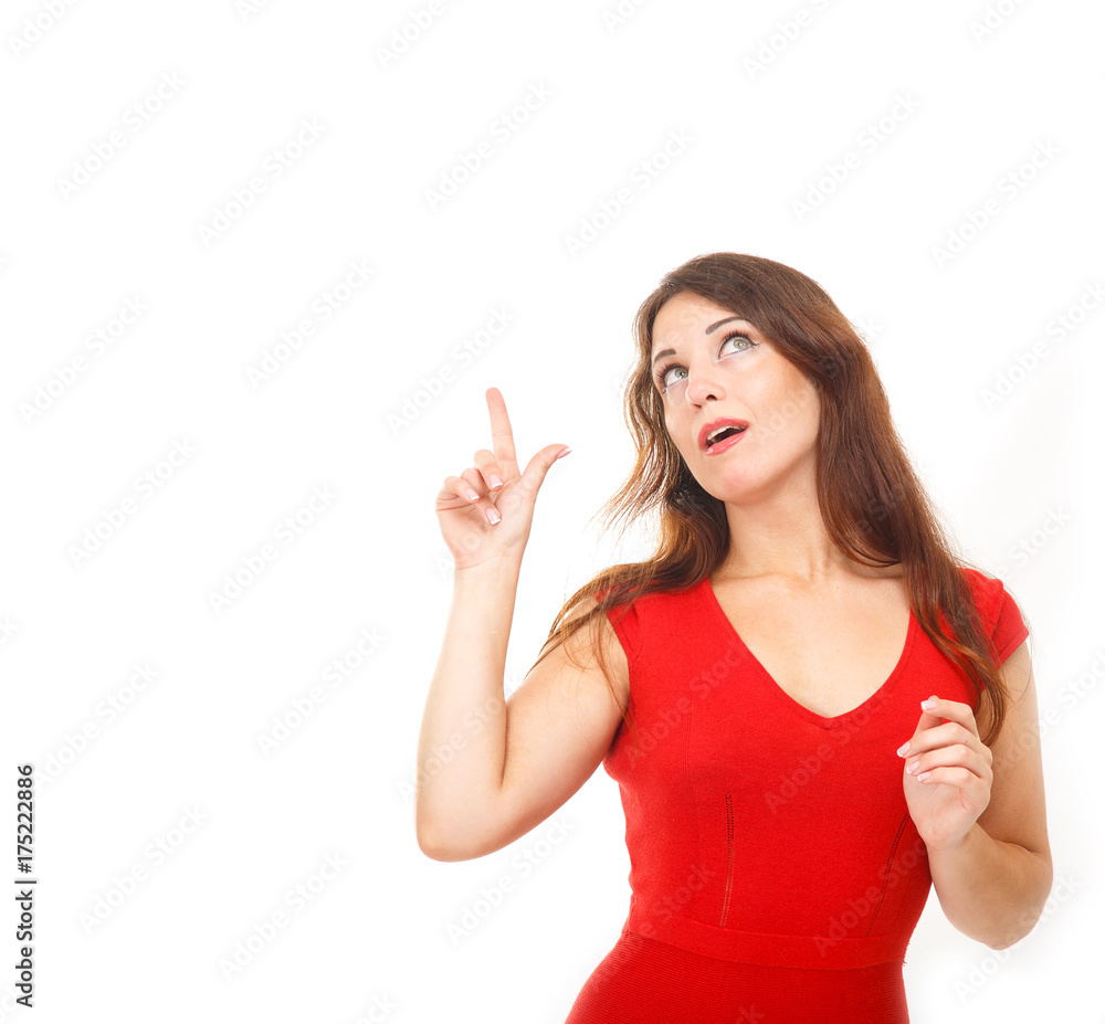 Emotional young woman in a red dress. Ordinary people. Gestures to show their emotions. Modern woman on a light background. Showing thumbs up on that either. Emotional young woman in a red dress. Ordinary people. Gestures to show their emotions. Modern woman on a light background. Showing thumbs up on that either.
