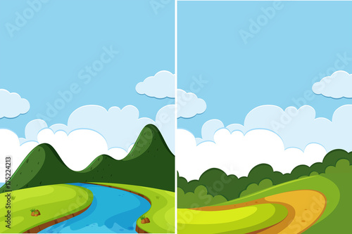 Two scenes of river and road at day time