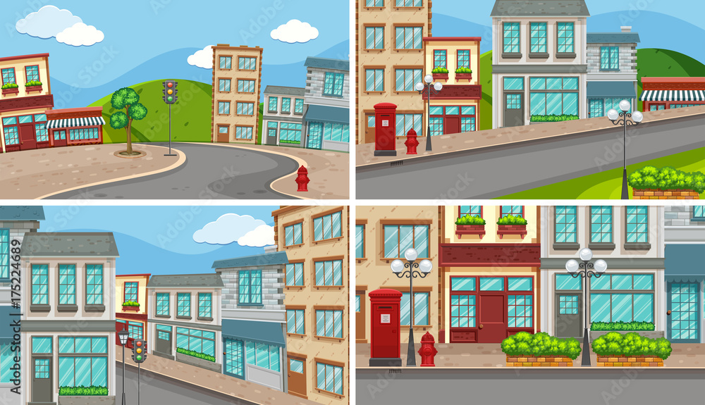 Four city scenes with many buildings and empty roads