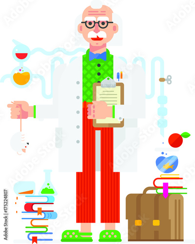 Scientist in the style of the cartoon. Isolated object on white background. Vector illustration. Flat vector illustration. Characters design.