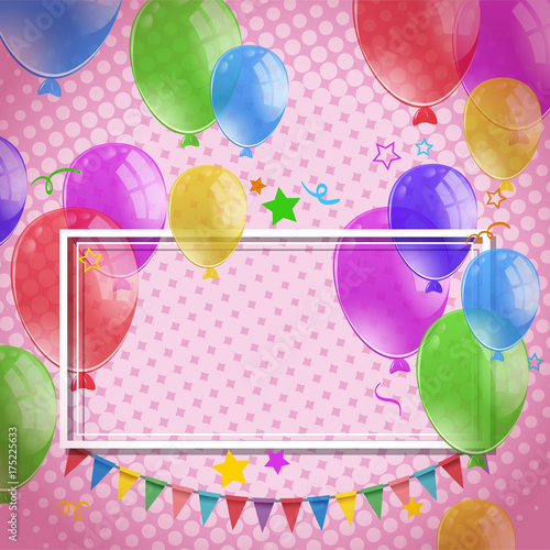 Background design with balloons and flags on pink wall