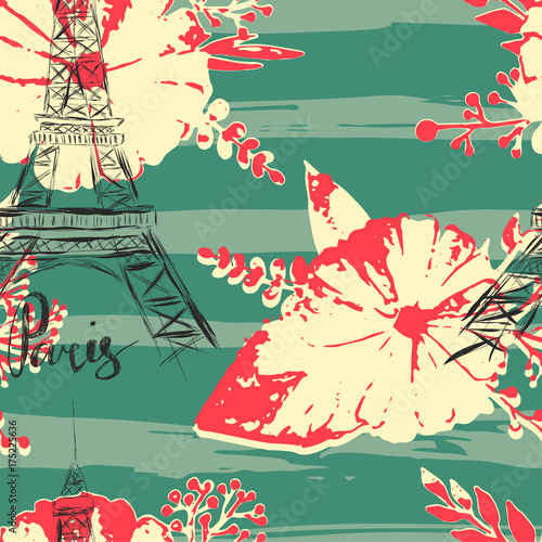 Seamless pattern with Eiffel Tower and watercolor flowers on stripes in grungy style