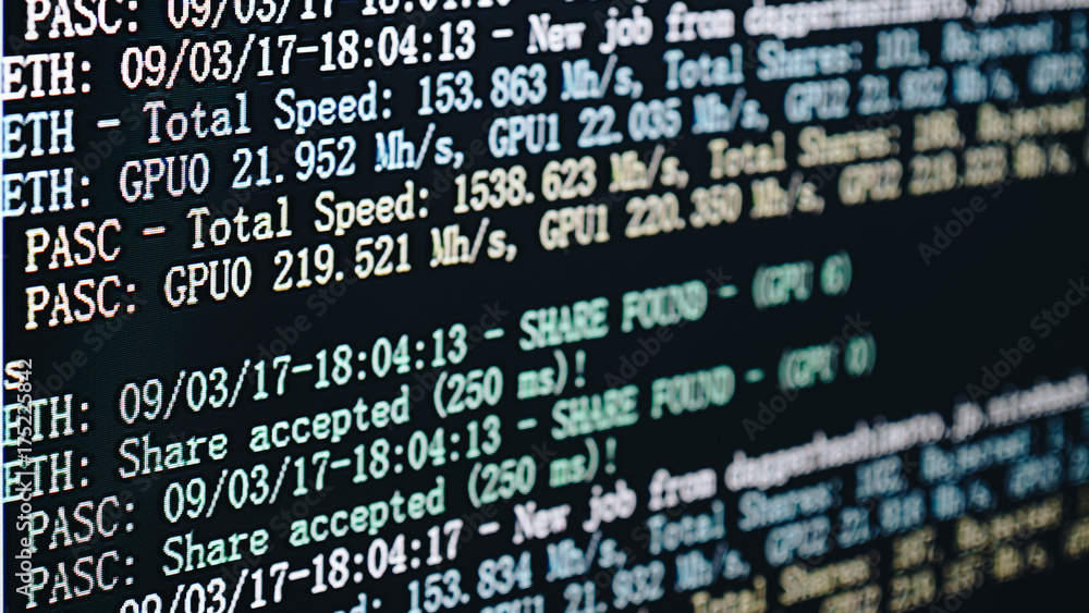 Screen display of cryptocurrency mining (Dual mining Ethereum or Ethash