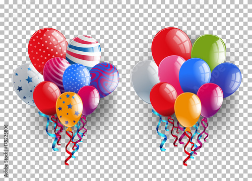 Two bunches of colorful balloons on transparent background