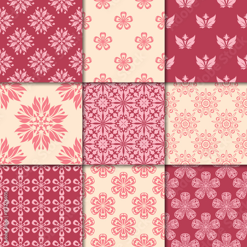 Cherry red and beige floral ornaments. Collection of seamless patterns