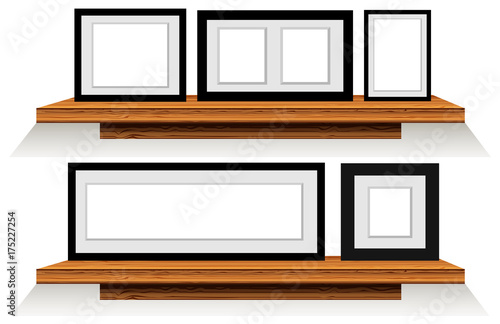 Five picture frames on wooden shelves