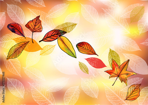 Vector and watercolor autumn background with leaves and copyspac