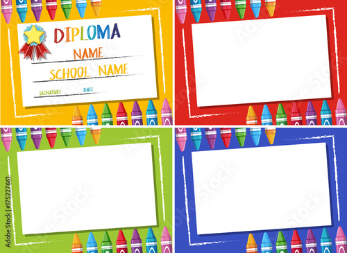 Diploma and four different color background with crayons
