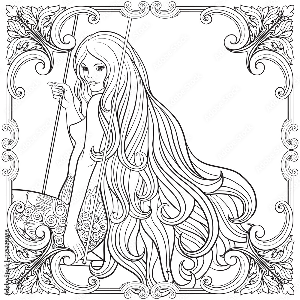 Young beautiful girl with long hair on swing in rose garden. Sto Young beautiful girl with long hair on swing in rose garden. Sto