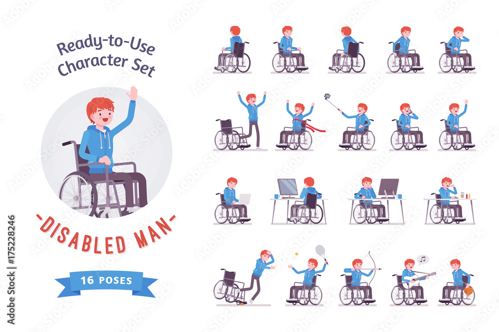 Male young wheelchair user character set, various poses Male young wheelchair user character set, various poses