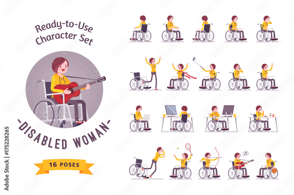 Female young wheelchair user character set, various poses Female young wheelchair user character set, various poses