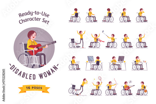 Female young wheelchair user character set, various poses