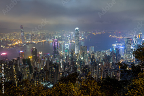 Hong Kong's famous skyline viewed from above from the Victoria Peak at night.