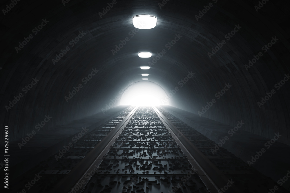 Dunkler Tunnel von Bahn mit Gleisen und Licht am Ende des Tunnels. 3d Rendering - obrazy, fototapety, plakaty 