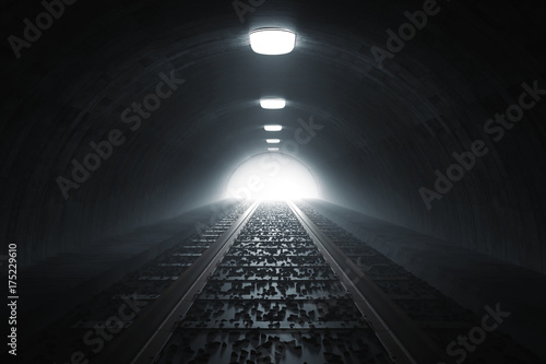 Dunkler Tunnel von Bahn mit Gleisen und Licht am Ende des Tunnels. 3d Rendering photo