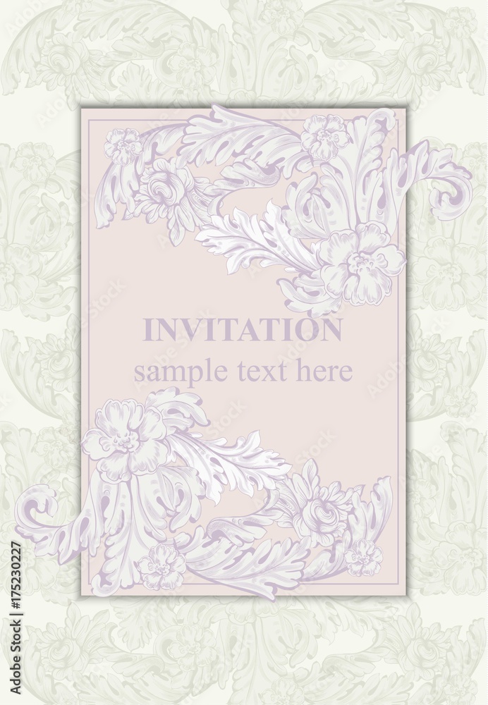 Invitation card Vector. Royal victorian pattern ornament. Vertical Baroque backgrounds. lavender colors Invitation card Vector. Royal victorian pattern ornament. Vertical Baroque backgrounds. lavender colors