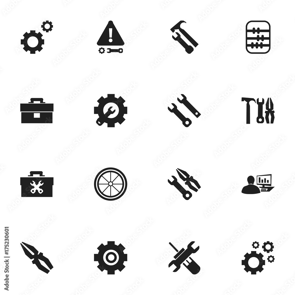 Set Of 16 Editable Mechanic Icons. Includes Symbols Such As Mechanic Cogs, Arithmetic, Portfolio