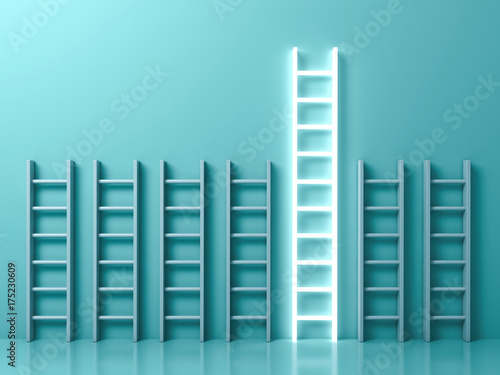 Stand out from the crowd and different creative idea concepts , The longest light ladder glowing among other short ladders on light green background with shadows . 3D rendering.