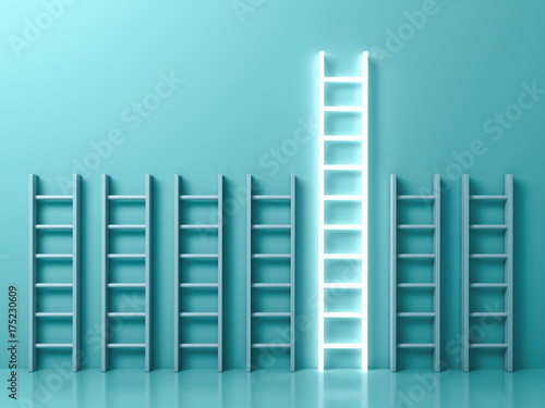 Bild auf Leinwand Stand out from the crowd and different creative idea concepts , The longest light ladder glowing among other short ladders on light green background with shadows