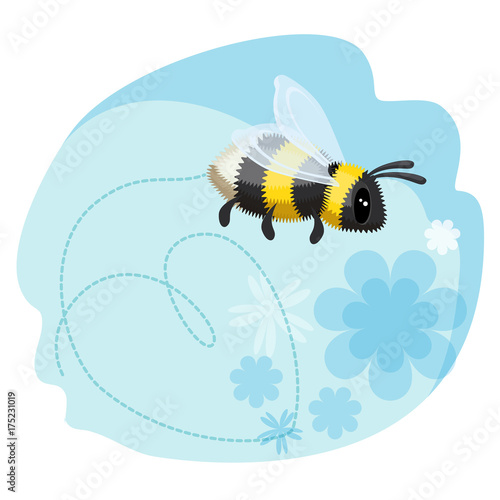 Cute bumblebee leaves trace in shape of heart, blue background