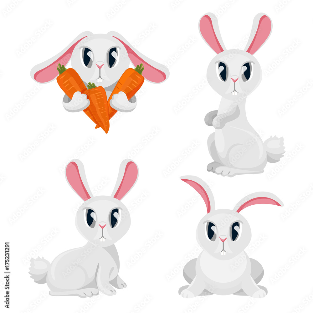 Long haired rabbits set in different positions, holding carrots vector