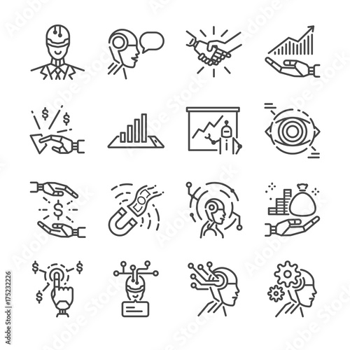 Robo advisor line icon set. Included the icons as robot, ai, cyborg, fintech, analyze, financial and more.