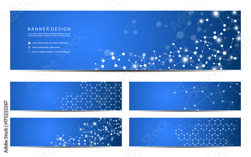Set of abstract banner design, dna molecule structure background. Geometric graphics and connected lines with dots. Scientific and technological concept, vector illustration.