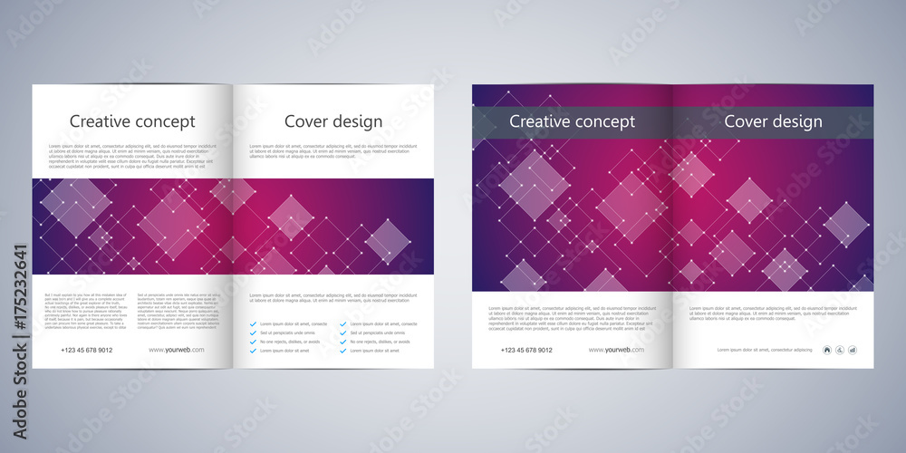 Bi-fold business brochure template with abstract background. Geometric graphics and connected lines with dots. Medical, technological and scientific concept. Vector illustration.