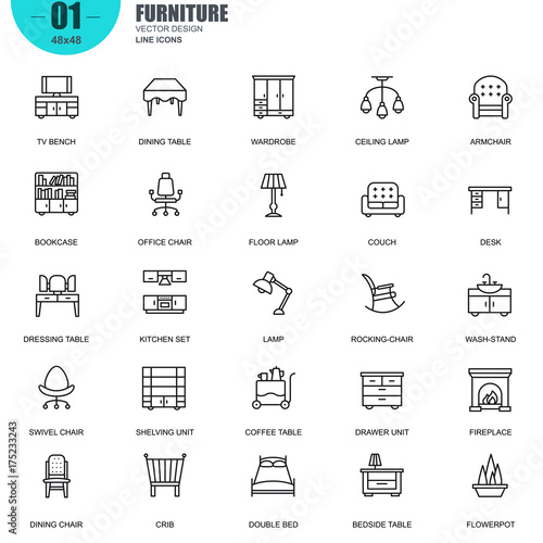 Simple Set of Furniture Related Vector Line Icons. Contains such Icons as Bookcase, Office Chair, Lamp, Couch, Desk, Bedside Table, Wash-stand and more. Editable Stroke. 48x48 Pixel Perfect.