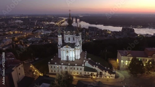 St. Andrew's Church (Kiev) Ukraine. Aerial photography of the church on the hem. Cityscape from a height. City panorama of Kiev. Andreevsky spusk city Kyiv. photo