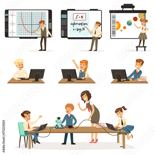 School children at the informatics and programming lesson set, kids working on computers, learning robotics and programming vector Illustrations