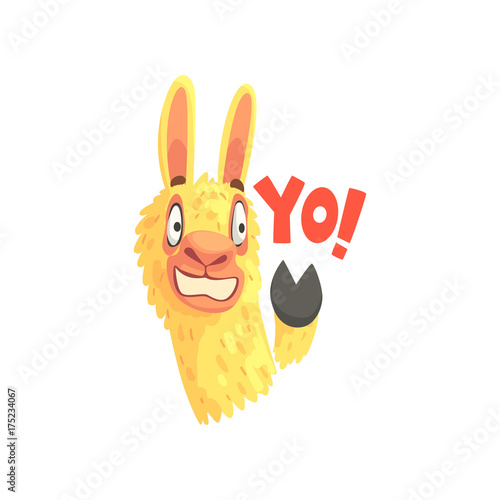 Funny llama character waving its hoof saying Yo, cute alpaca animal cartoon vector Illustration