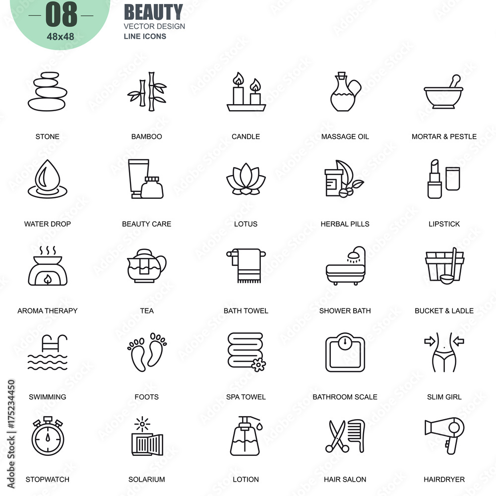 Simple Set of Spa and Beauty Related Vector Line Icons. Contains such Icons as Stone, Bamboo, Massage Oil, Spa Towel, Lipstick, Herbal Pills and more. Editable Stroke. 48x48 Pixel Perfect.