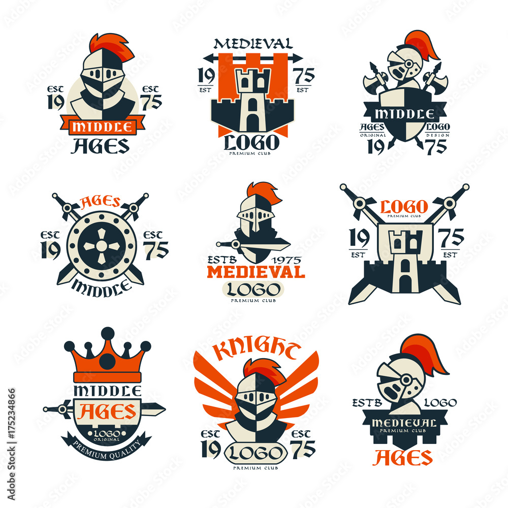 Middle ages logo design set, vintage medieval emblem since 1975 vector Illustrations