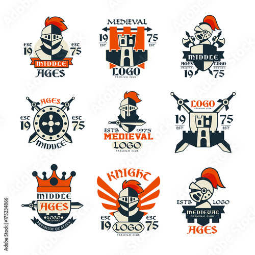 Middle ages logo design set, vintage medieval emblem since 1975 vector Illustrations