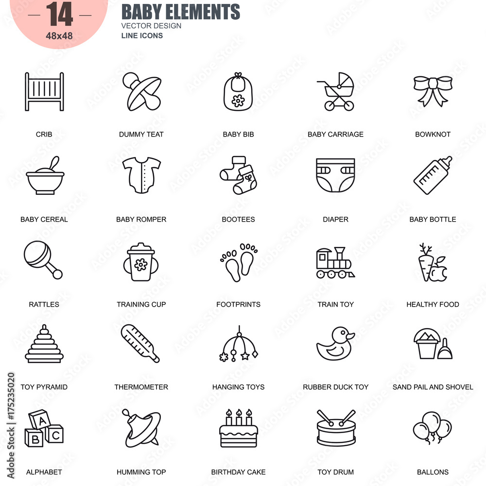 Simple Set of Baby Elements Related Vector Line Icons. Contains such Icons as Crib, Dummy Teat, Diaper, Rattles, Rubber Duck Toy, Footprints and more. Editable Stroke. 48x48 Pixel Perfect.