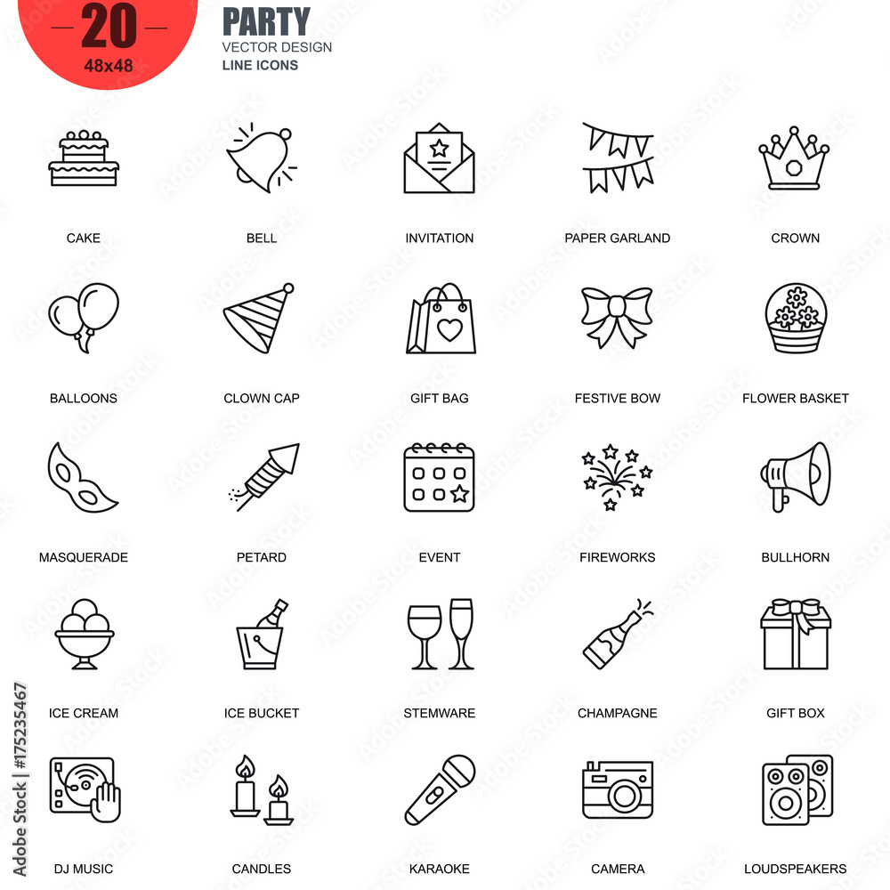 Fototapeta premium Simple Set of Party Related Vector Line Icons. Contains such Icons as Cake, Bell, Fireworks, Dj Music, Champagne, Gift Bag, Masquerade, Bullhorn and more. Editable Stroke. 48x48 Pixel Perfect.