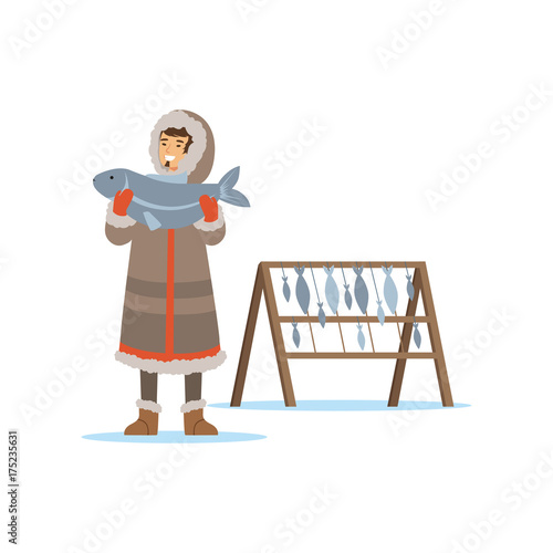 Eskimo, Inuit, Chukchi man character in traditional costume holding big fish, northern people, life in the far north vector Illustration